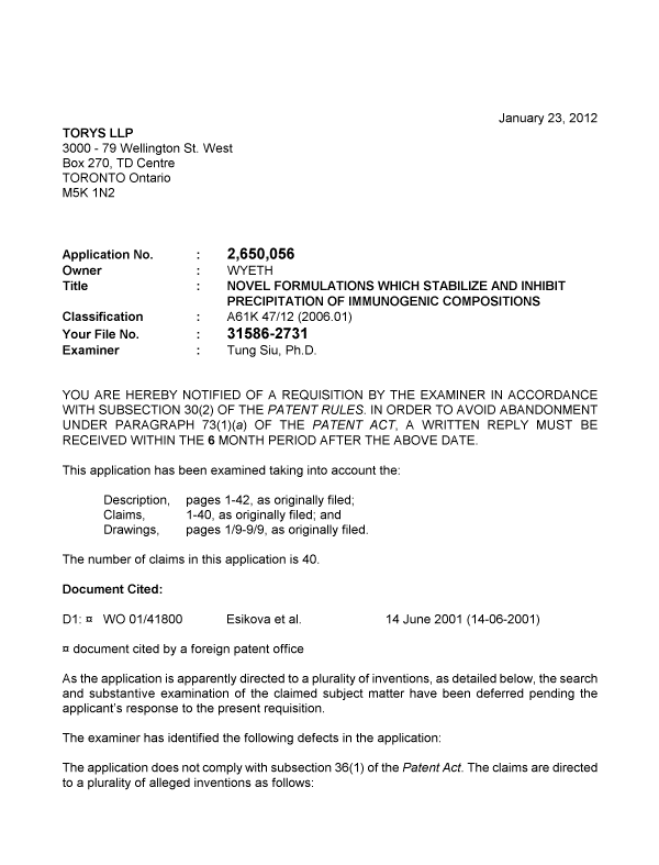 Document de brevet canadien 2650056. Poursuite-Amendment 20111223. Image 1 de 2