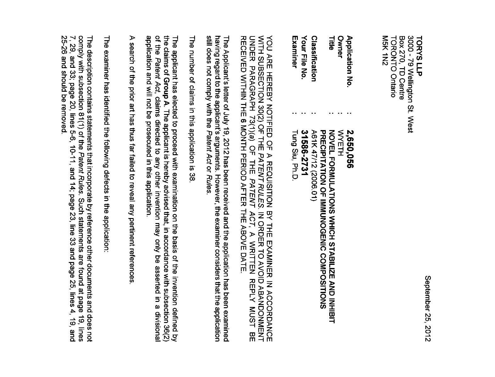 Canadian Patent Document 2650056. Prosecution-Amendment 20111225. Image 1 of 2