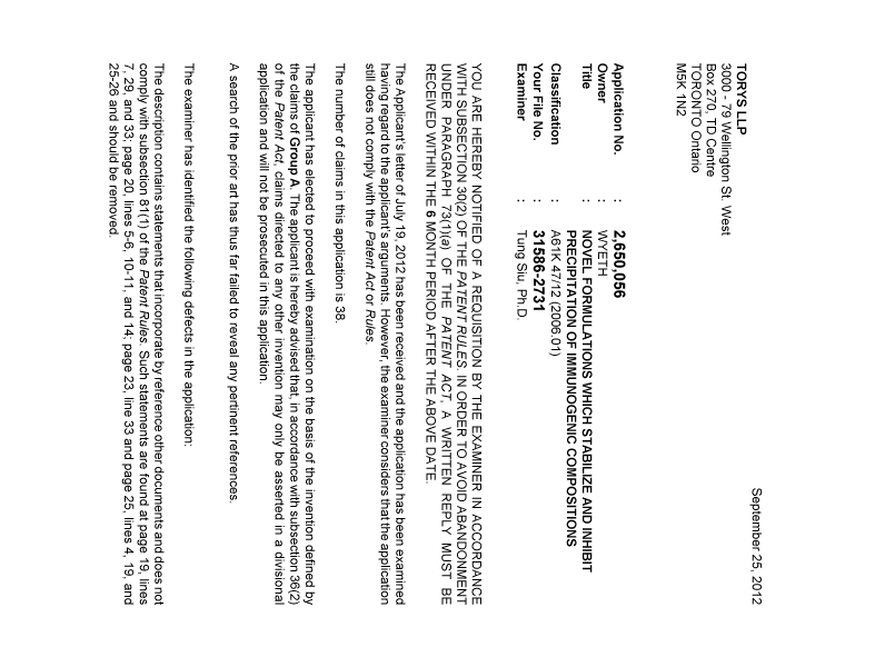 Document de brevet canadien 2650056. Poursuite-Amendment 20120925. Image 1 de 2