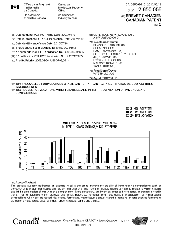 Document de brevet canadien 2650056. Page couverture 20121221. Image 1 de 1