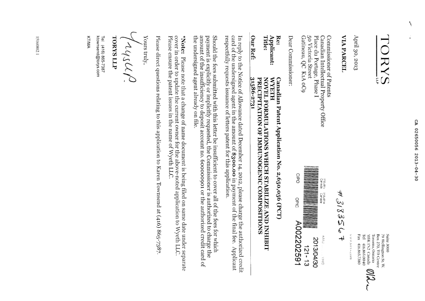 Canadian Patent Document 2650056. Correspondence 20121230. Image 1 of 1