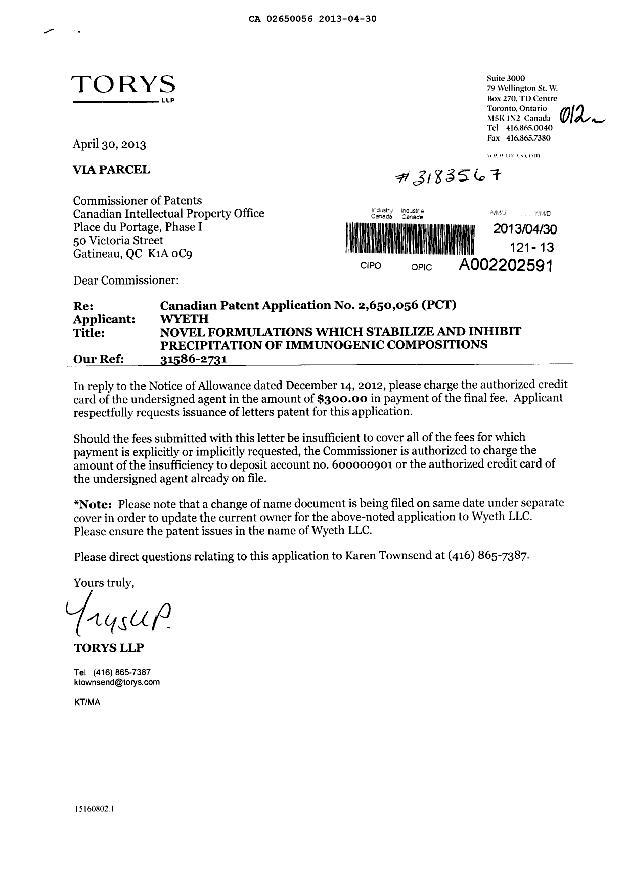 Document de brevet canadien 2650056. Correspondance 20121230. Image 1 de 1