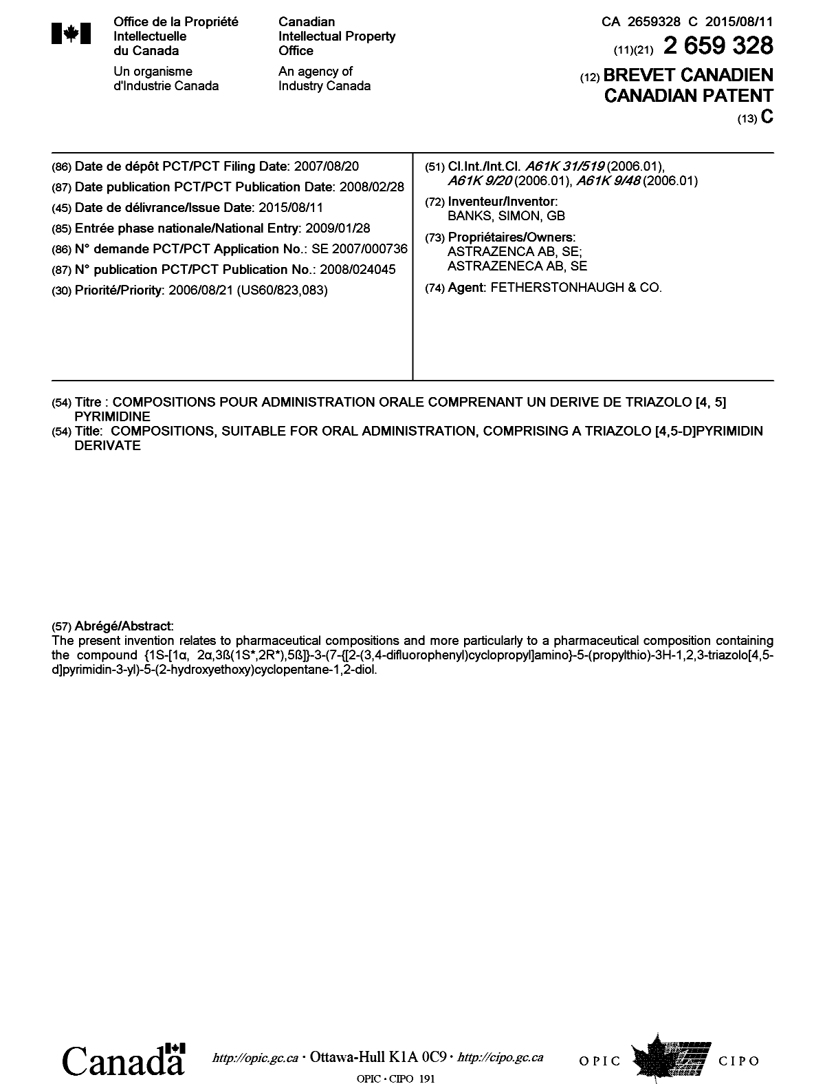 Document de brevet canadien 2659328. Page couverture 20141215. Image 1 de 1