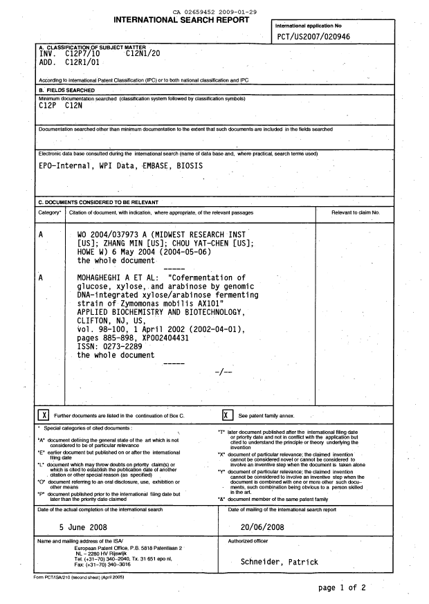 Document de brevet canadien 2659452. PCT 20090129. Image 1 de 3