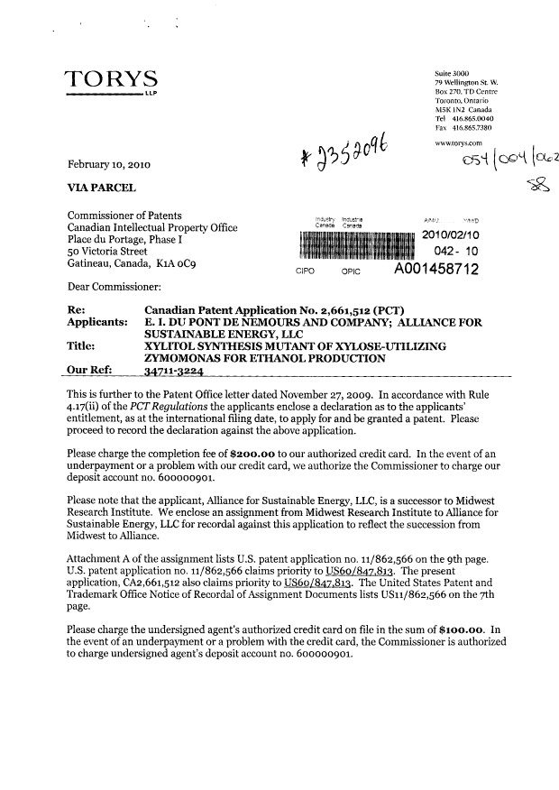 Canadian Patent Document 2661512. Correspondence 20100210. Image 1 of 3