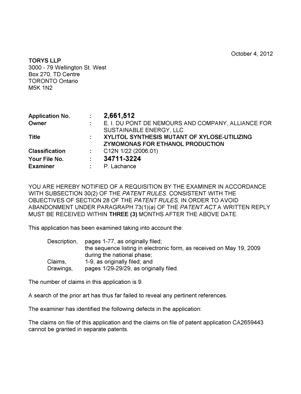 Canadian Patent Document 2661512. Prosecution-Amendment 20121004. Image 1 of 4