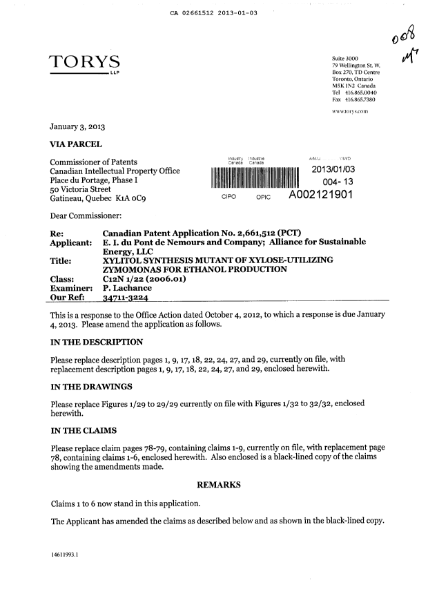 Canadian Patent Document 2661512. Prosecution-Amendment 20130103. Image 1 of 47