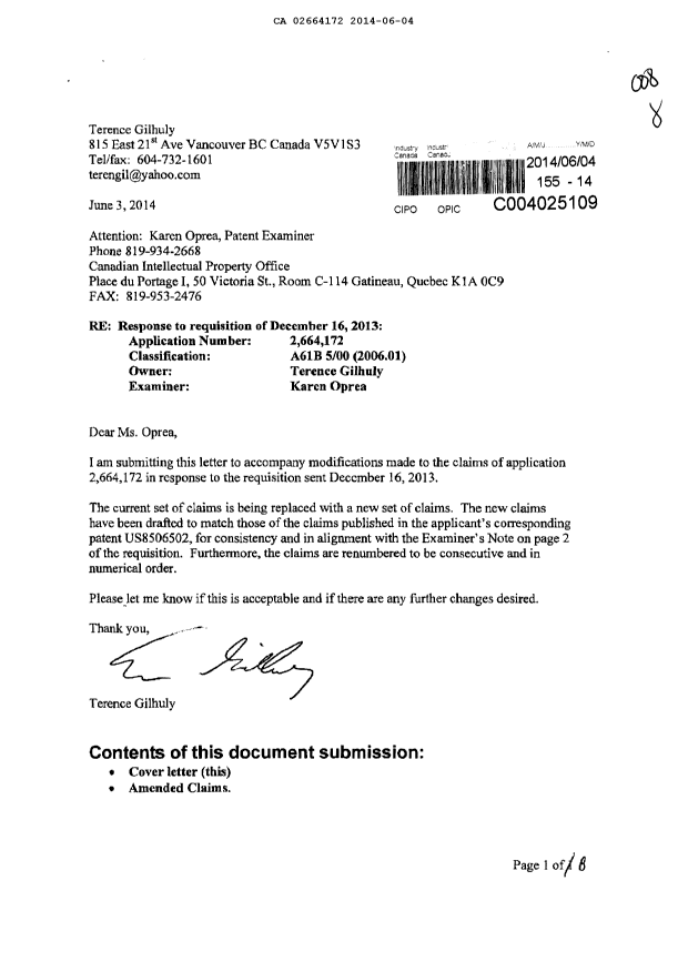 Document de brevet canadien 2664172. Poursuite-Amendment 20131204. Image 1 de 8