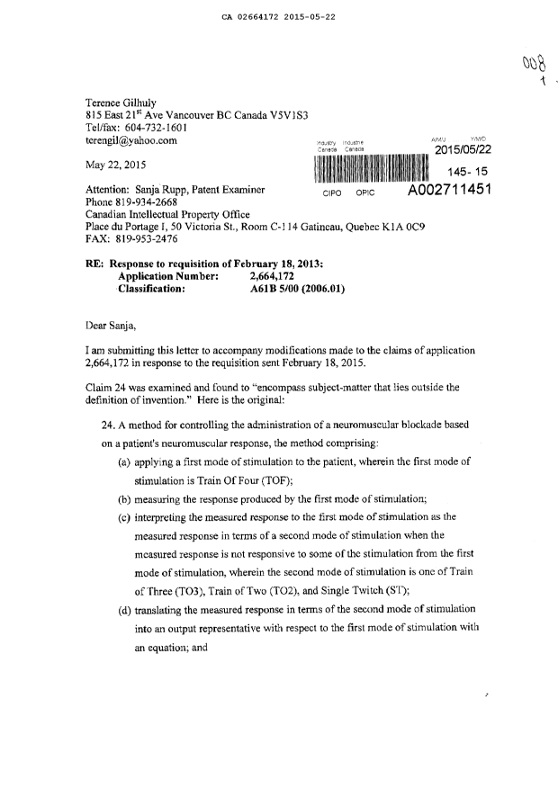 Canadian Patent Document 2664172. Prosecution-Amendment 20141222. Image 1 of 3