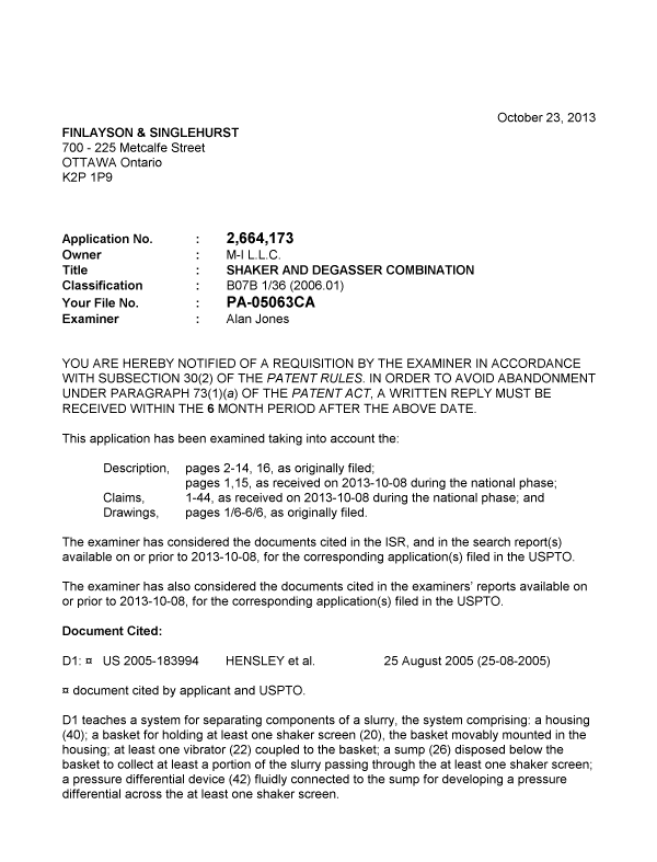 Canadian Patent Document 2664173. Prosecution-Amendment 20131023. Image 1 of 2