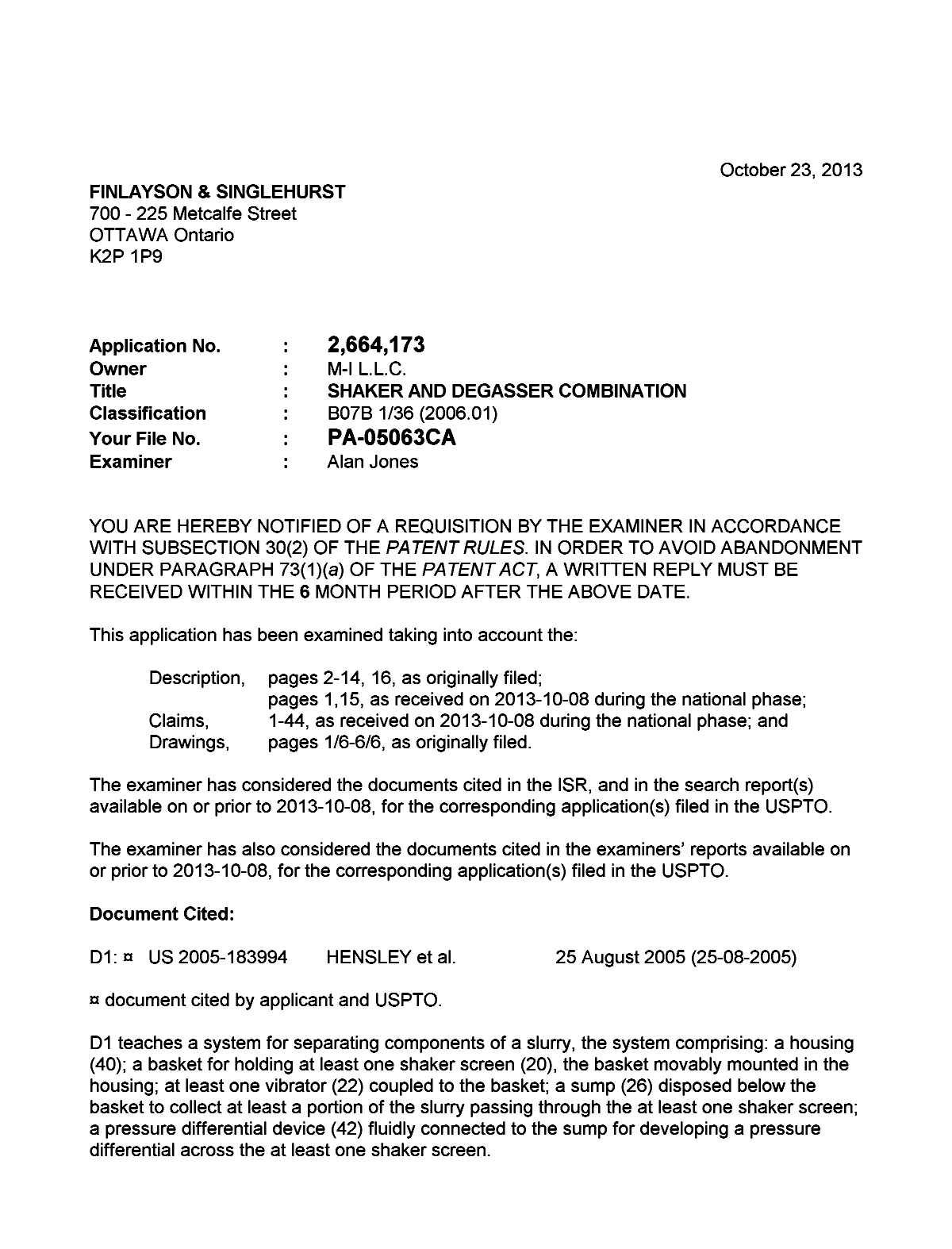 Canadian Patent Document 2664173. Prosecution-Amendment 20131023. Image 1 of 2