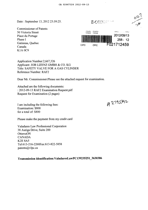 Canadian Patent Document 2667326. Prosecution-Amendment 20120913. Image 1 of 3