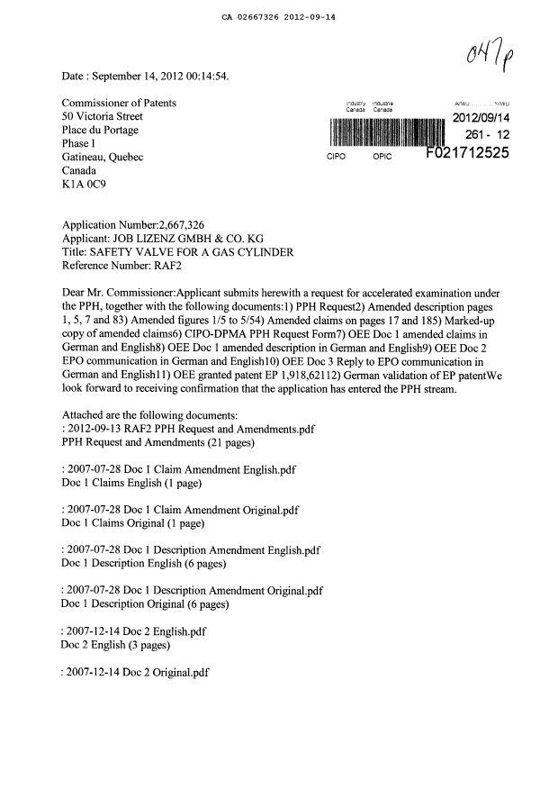 Canadian Patent Document 2667326. Prosecution-Amendment 20120914. Image 1 of 23