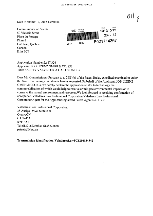 Canadian Patent Document 2667326. Prosecution-Amendment 20121012. Image 1 of 1