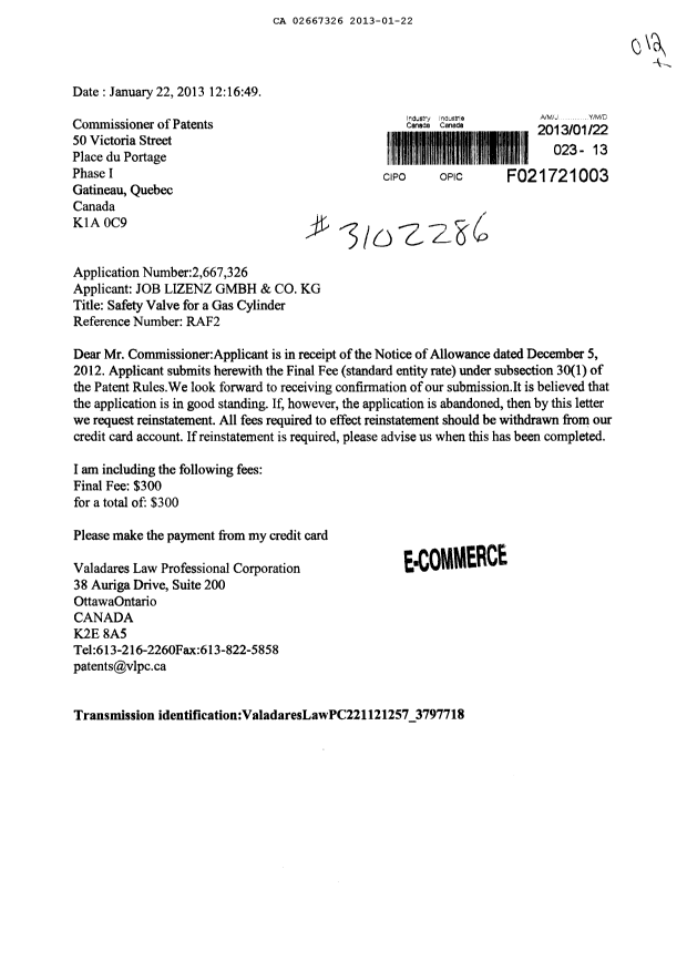 Canadian Patent Document 2667326. Correspondence 20130122. Image 1 of 1