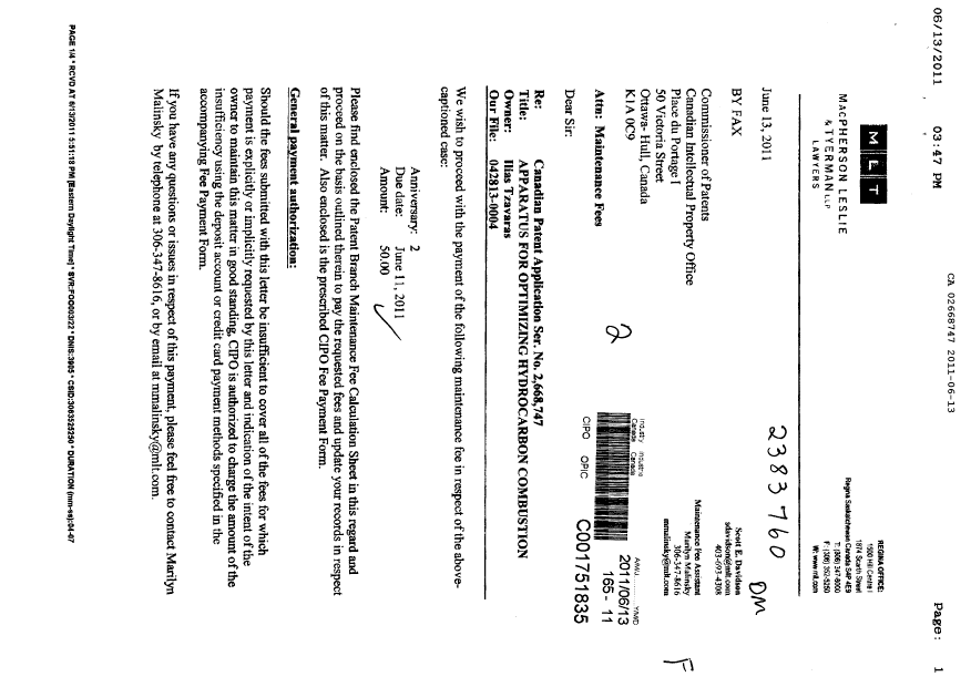 Document de brevet canadien 2668747. Taxes 20110613. Image 1 de 3