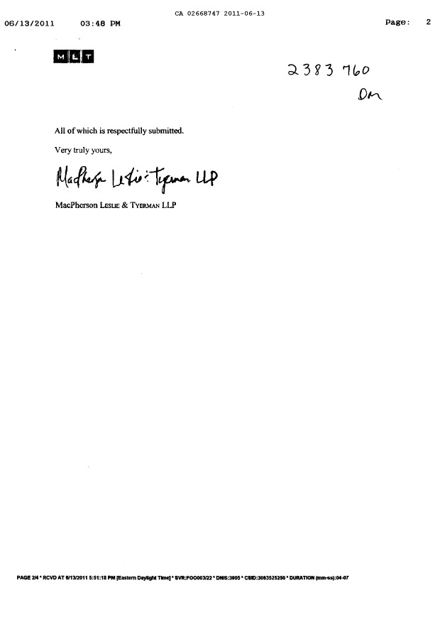 Document de brevet canadien 2668747. Taxes 20110613. Image 2 de 3