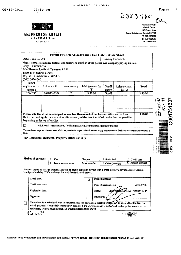 Document de brevet canadien 2668747. Taxes 20110613. Image 3 de 3
