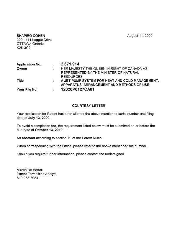 Document de brevet canadien 2671914. Correspondance 20090804. Image 1 de 1
