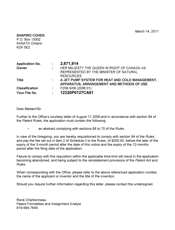 Document de brevet canadien 2671914. Correspondance 20110314. Image 1 de 1