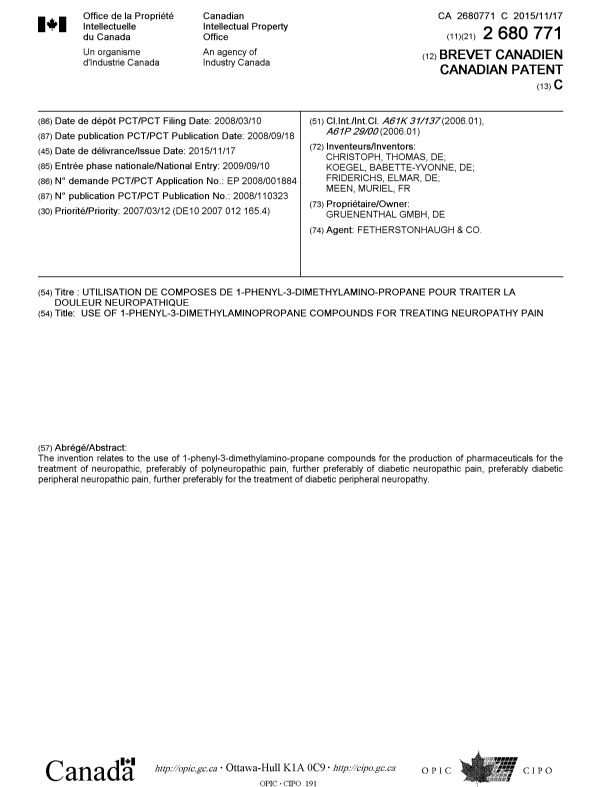 Canadian Patent Document 2680771. Cover Page 20141219. Image 1 of 1