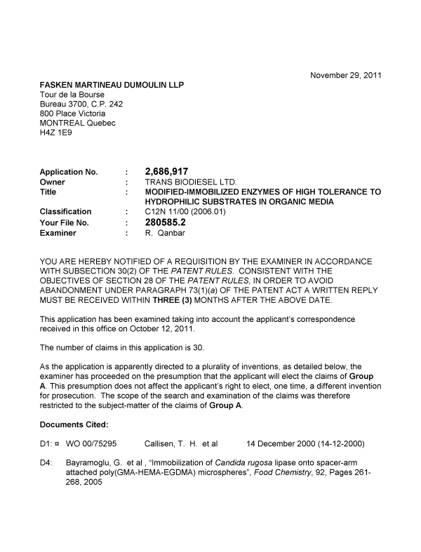 Canadian Patent Document 2686917. Prosecution-Amendment 20111129. Image 1 of 4