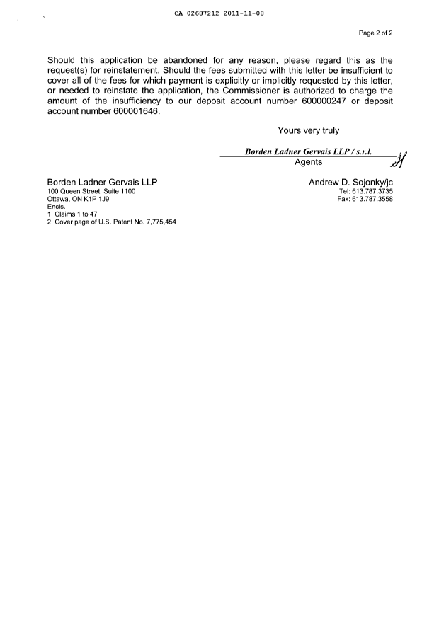 Canadian Patent Document 2687212. Prosecution-Amendment 20111108. Image 2 of 13
