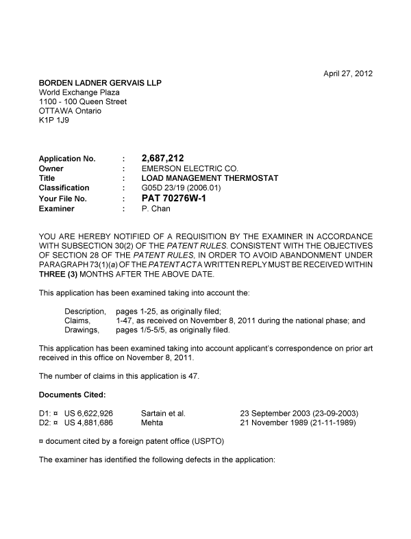 Canadian Patent Document 2687212. Prosecution-Amendment 20120427. Image 1 of 5