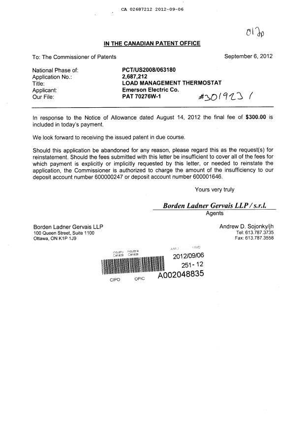 Document de brevet canadien 2687212. Correspondance 20120906. Image 1 de 1