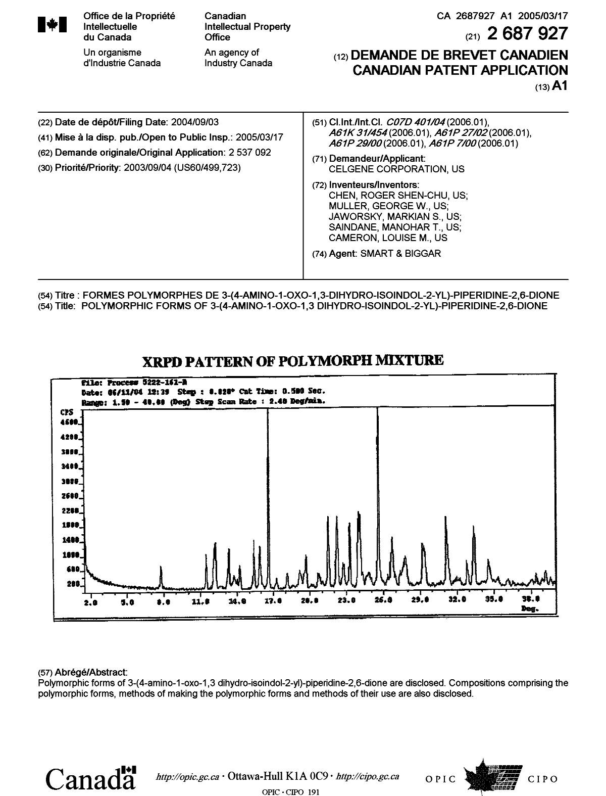Document de brevet canadien 2687927. Page couverture 20091202. Image 1 de 1