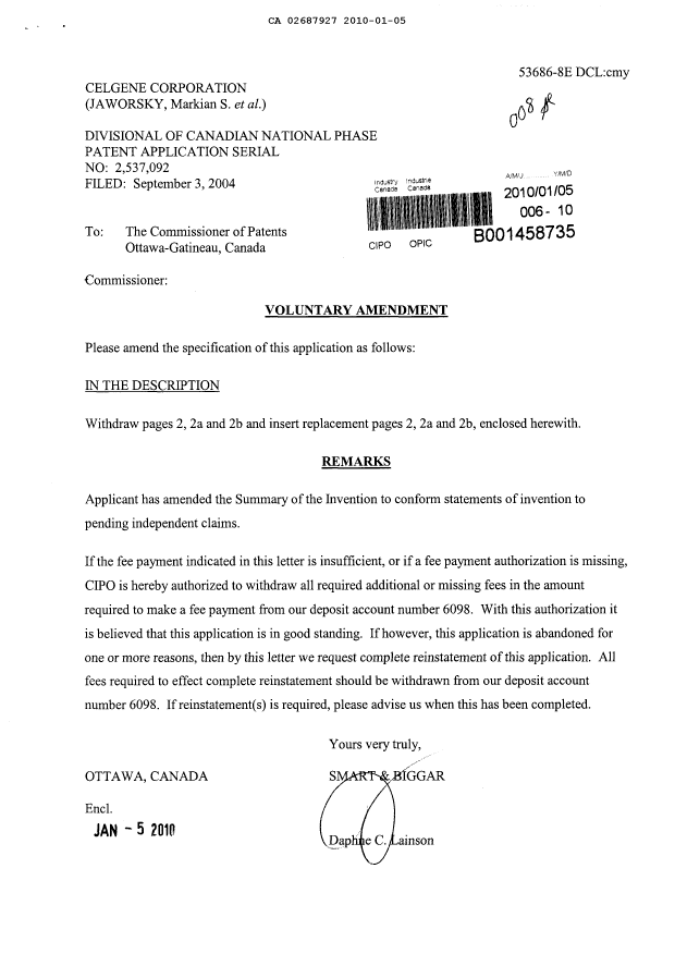 Canadian Patent Document 2687927. Prosecution-Amendment 20091205. Image 1 of 4