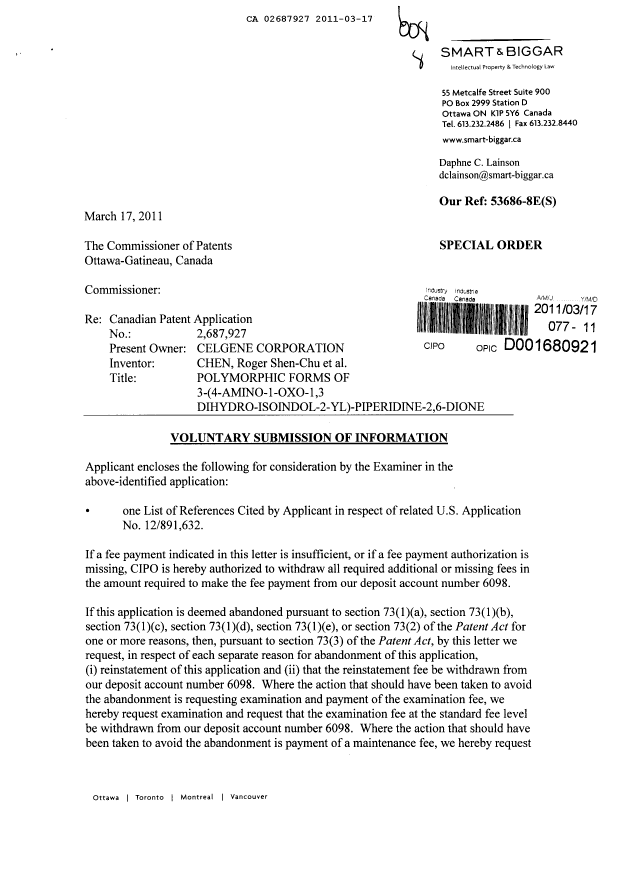 Canadian Patent Document 2687927. Prosecution-Amendment 20101217. Image 1 of 2