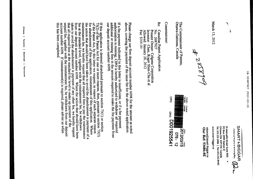 Document de brevet canadien 2687927. Correspondance 20111215. Image 1 de 2