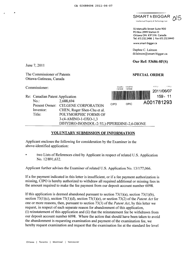 Canadian Patent Document 2688694. Prosecution-Amendment 20101207. Image 1 of 2