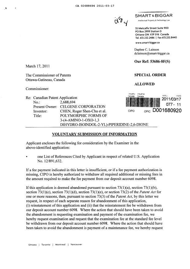 Canadian Patent Document 2688694. Prosecution-Amendment 20101217. Image 1 of 2