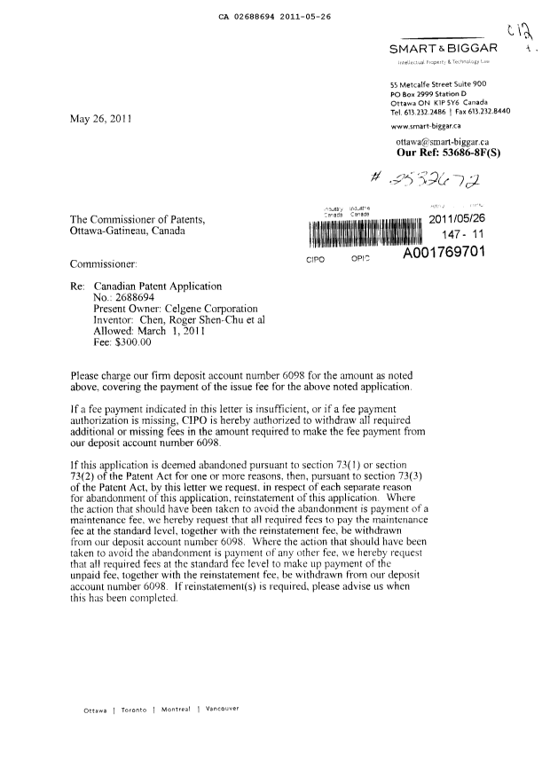 Canadian Patent Document 2688694. Correspondence 20101226. Image 1 of 2