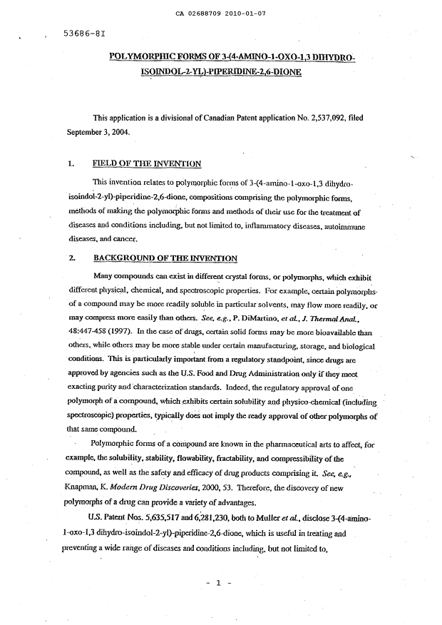 Canadian Patent Document 2688709. Description 20091201. Image 1 of 33