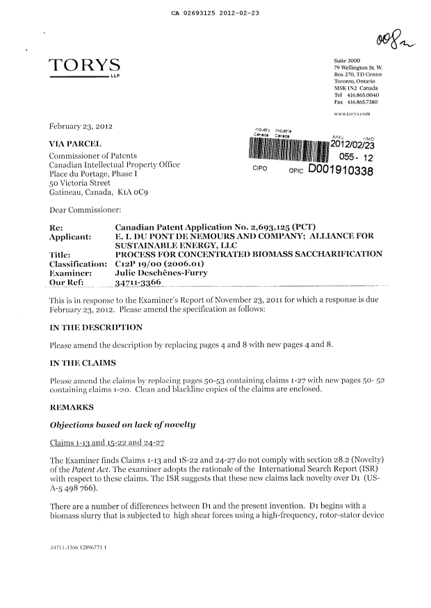 Canadian Patent Document 2693125. Prosecution-Amendment 20120223. Image 1 of 15