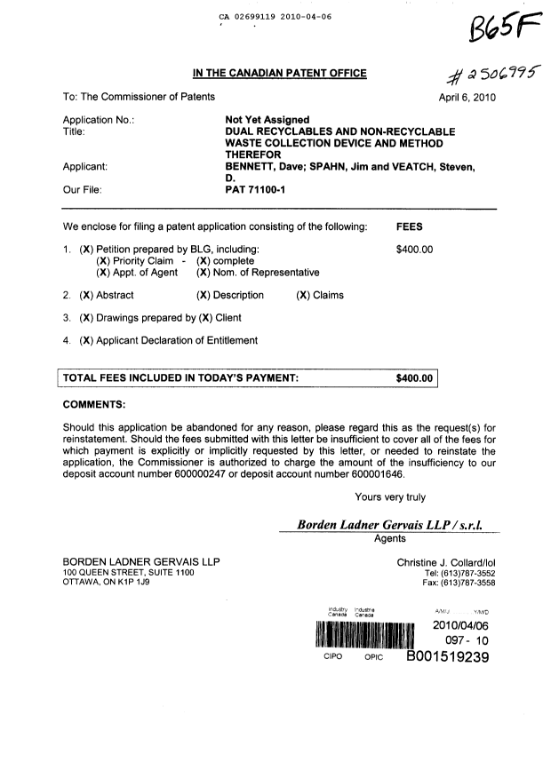 Document de brevet canadien 2699119. Cession 20091206. Image 1 de 4