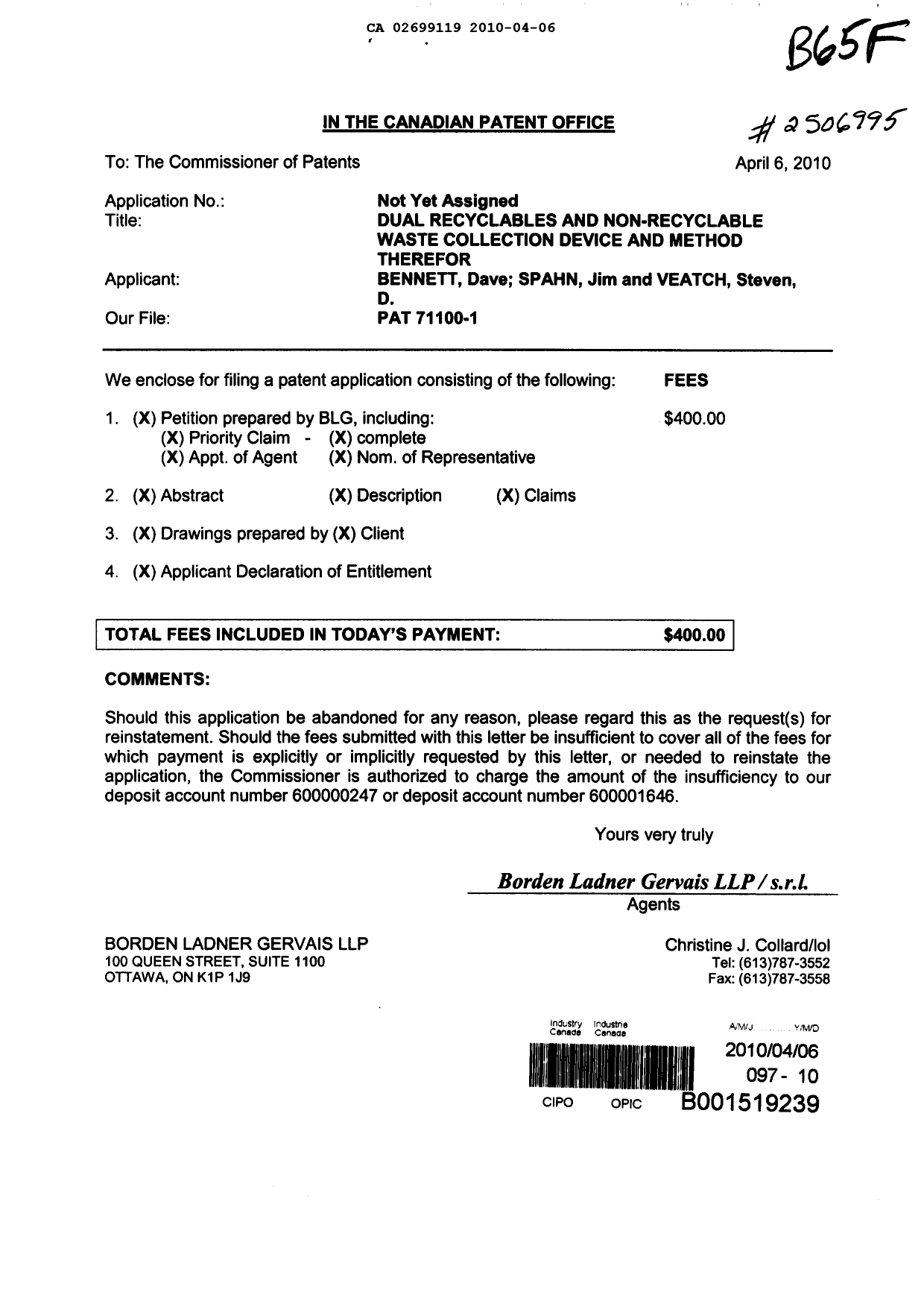 Document de brevet canadien 2699119. Cession 20091206. Image 1 de 4