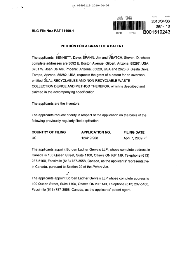 Document de brevet canadien 2699119. Cession 20091206. Image 2 de 4