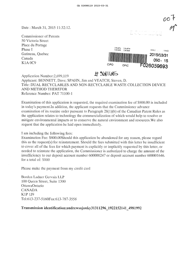 Document de brevet canadien 2699119. Poursuite-Amendment 20150331. Image 1 de 1
