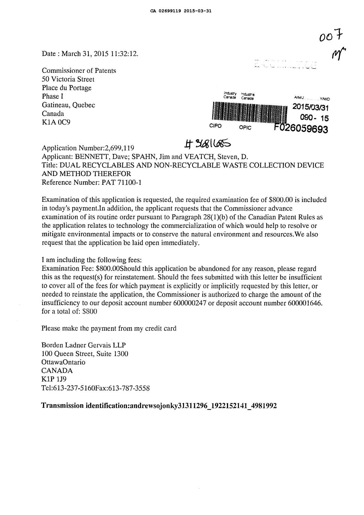 Canadian Patent Document 2699119. Prosecution-Amendment 20150331. Image 1 of 1