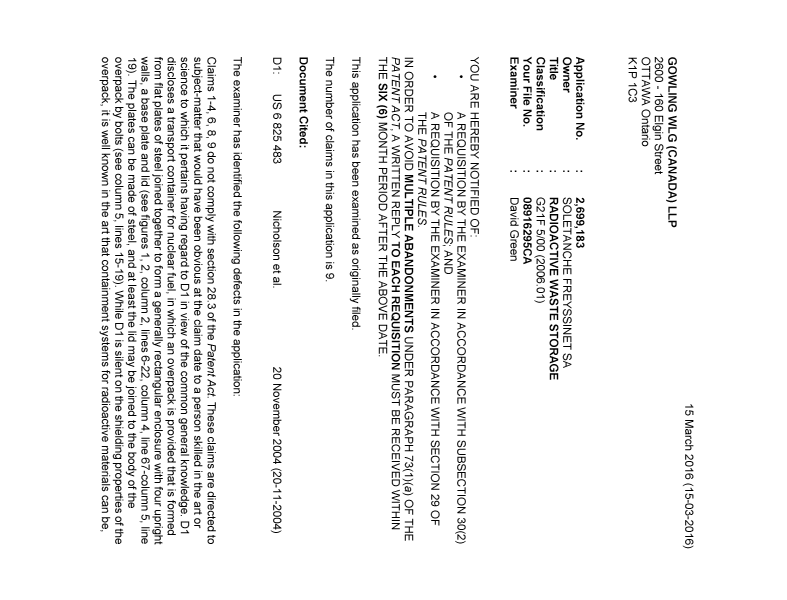 Document de brevet canadien 2699183. Demande d'examen 20160315. Image 1 de 3