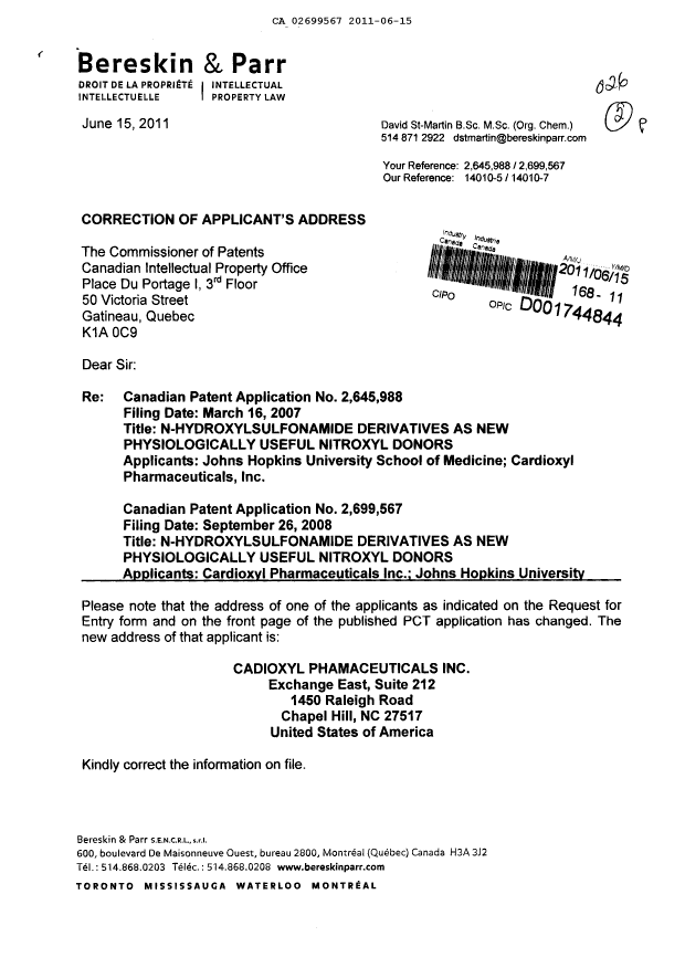 Document de brevet canadien 2699567. Correspondance 20110615. Image 1 de 2