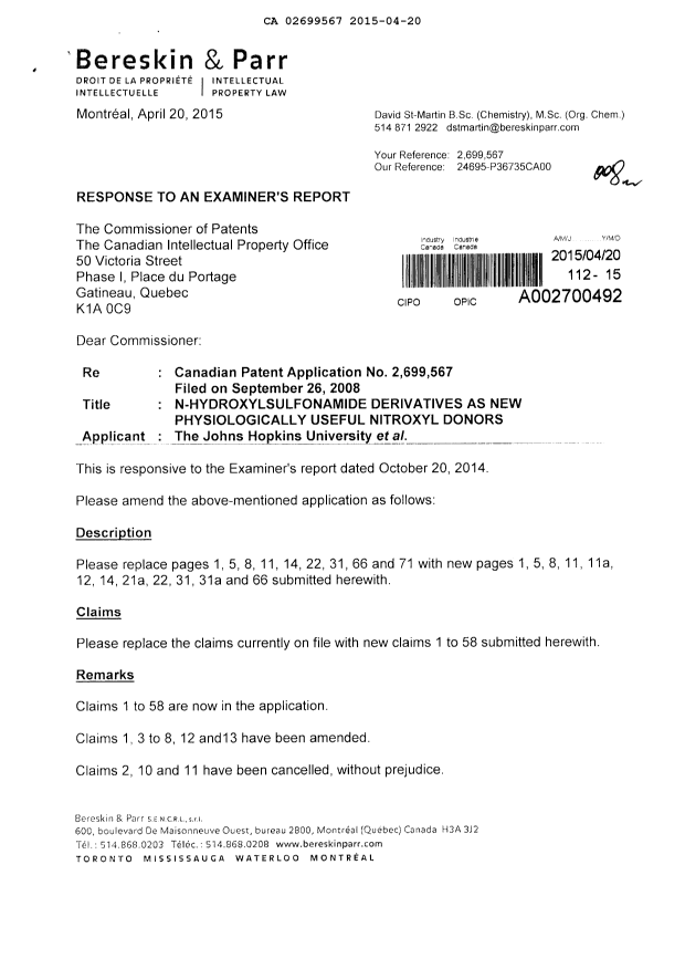 Document de brevet canadien 2699567. Poursuite-Amendment 20141220. Image 1 de 37