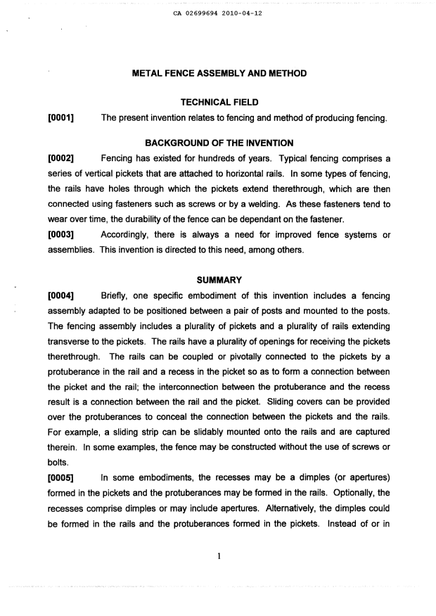 Document de brevet canadien 2699694. Description 20091212. Image 1 de 6