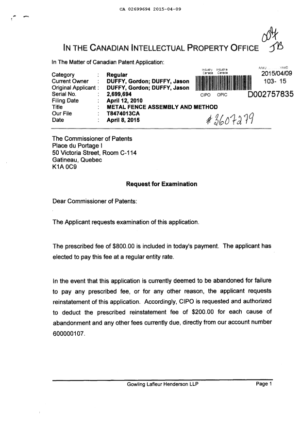 Document de brevet canadien 2699694. Poursuite-Amendment 20141209. Image 1 de 2