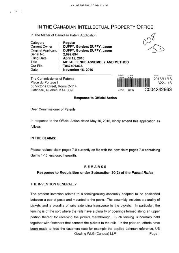 Document de brevet canadien 2699694. Poursuite-Amendment 20151216. Image 1 de 7