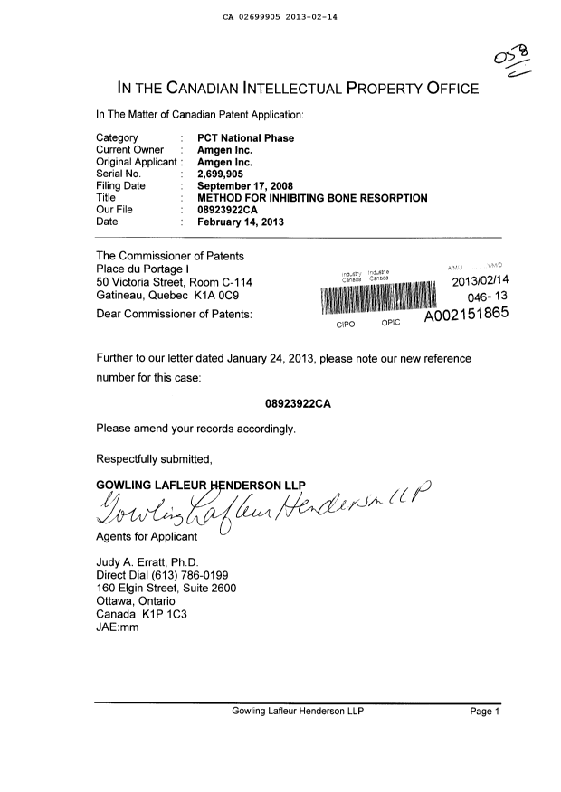 Document de brevet canadien 2699905. Correspondance 20121214. Image 1 de 1